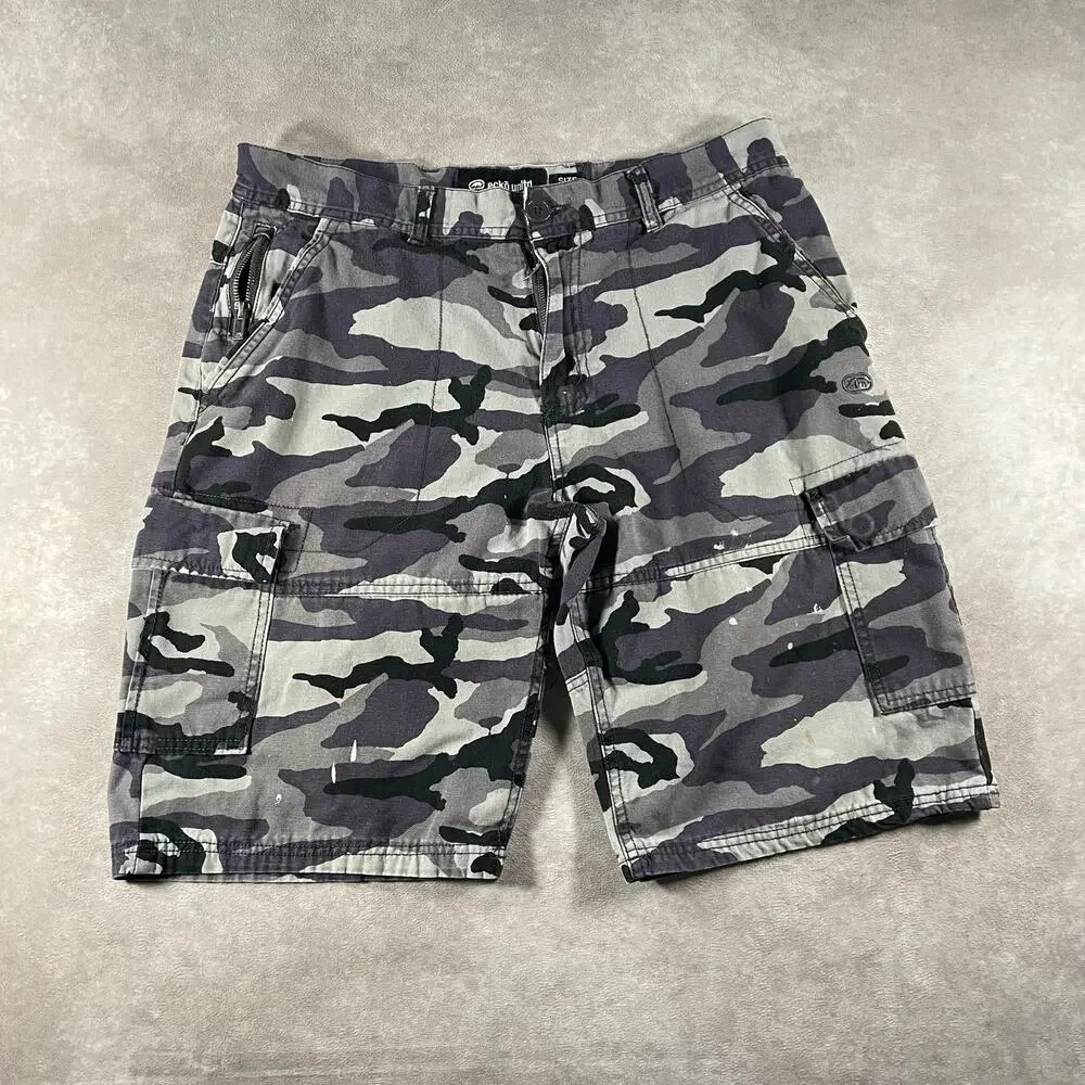 Y2K Ecko Unltd Purple Grey Military Camo Cargo Shorts 33 Paint Stained VTG
